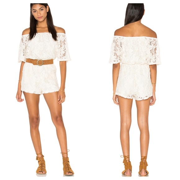 BB Dakota Pants - BB Dakota Nikola Romper Antiquitie Ivory Lace Off Shoulder Elastic Waist Dressy